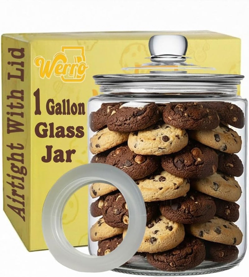 WERRO Glass Cookie Jar - 1 Gallon Wide Mouth Glass Jar With Lid - Extra Gasket - Large Food Storage Container, Candy Jar With Airtight Lid, Pet Food, Flour, Detergent Pods, Kitchen or Laundry Room - Image 1